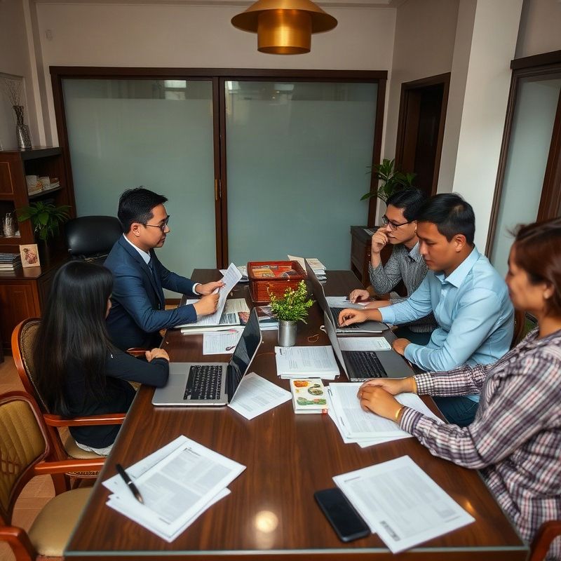 Small journalism team gathered around a table with printed reports and laptops in a Khon Kaen office