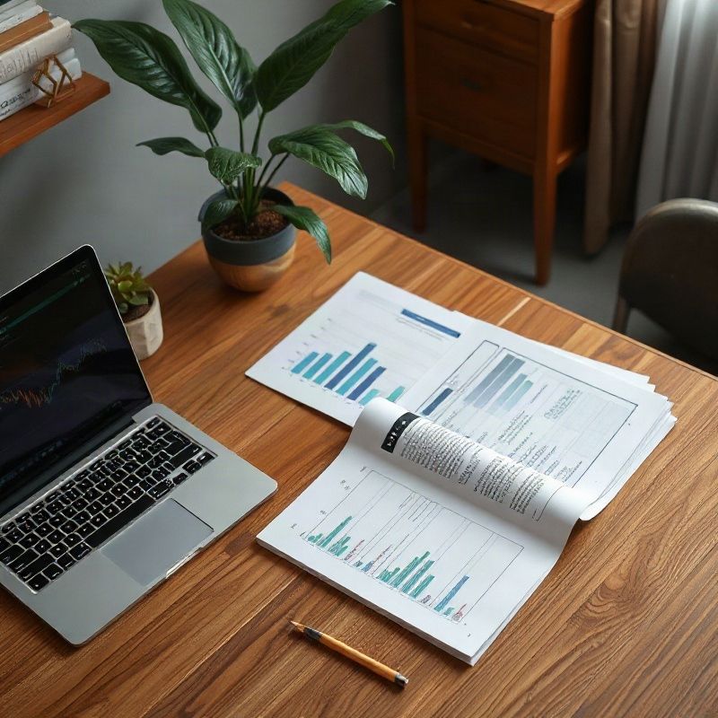 Editorial newsroom desk with printed data reports and a laptop showing charts, Khon Kaen