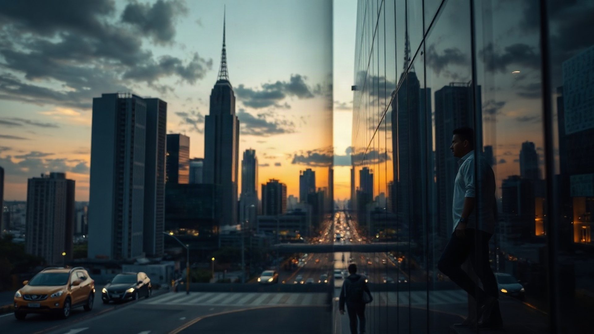 Editorial view of a Thai city skyline at dusk with data charts subtly overlaid on glass facades